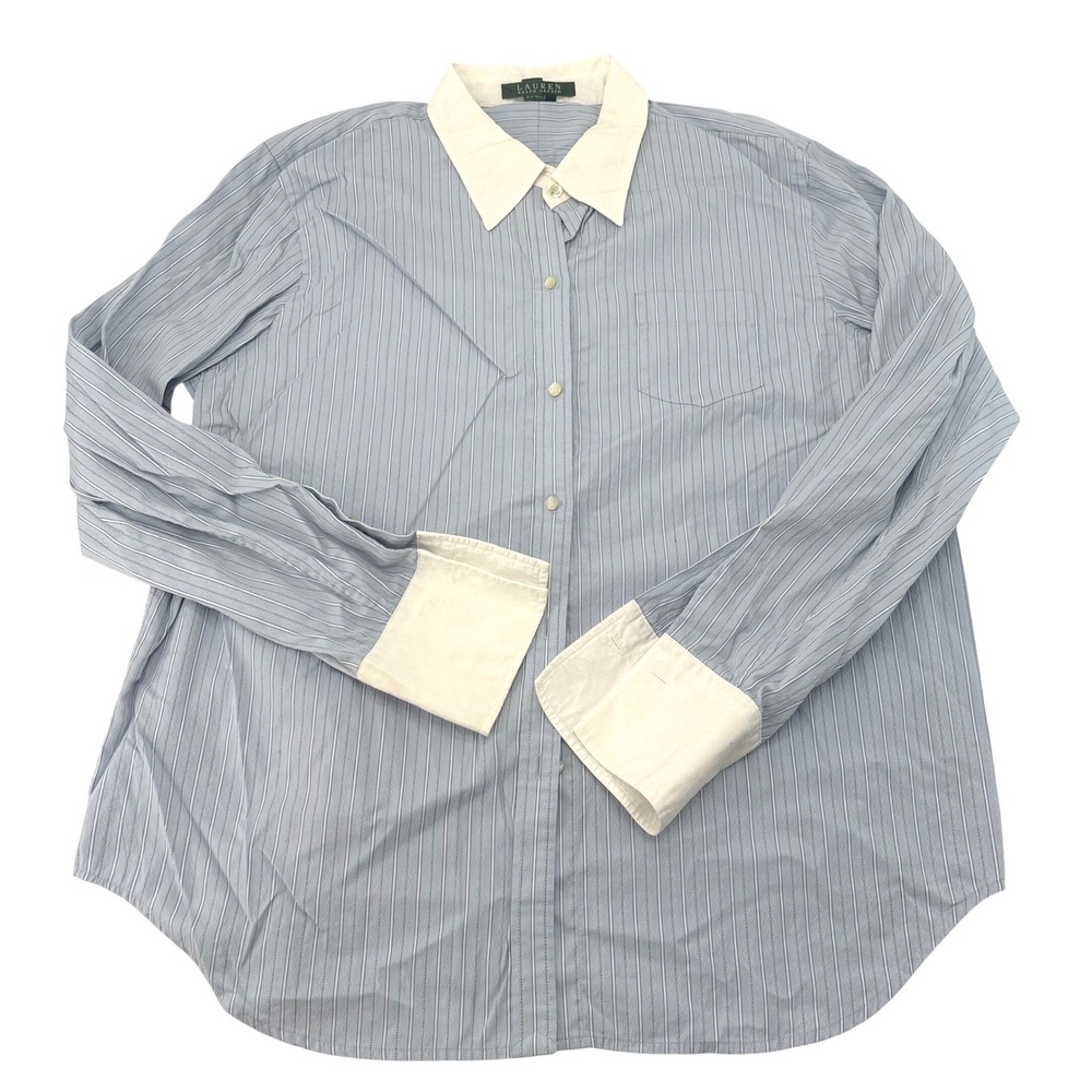 Lauren Ralph Lauren Blue White Striped Cotton Button Down Shirt French Cuff L